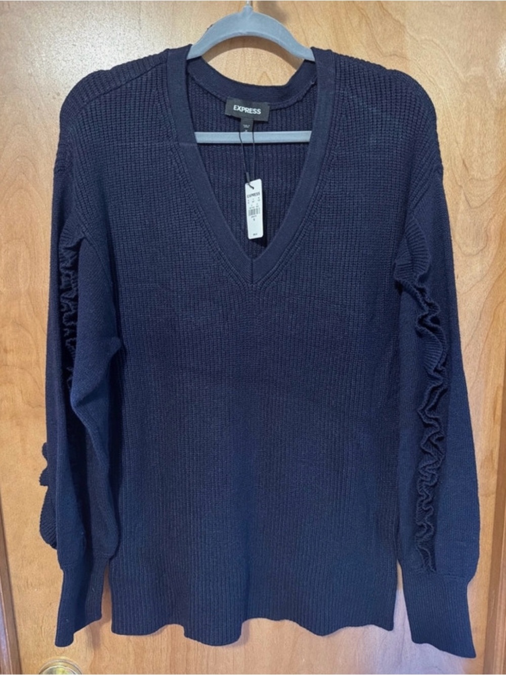 Express Navy V-Neck Ruffle Sleeve Ribbed Sweater